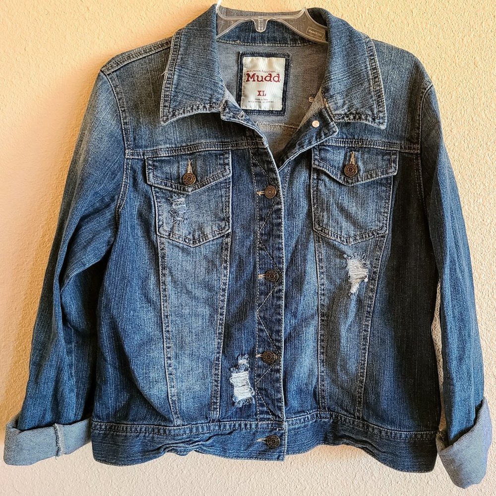 Mudd Juniors XL Distressed Faded Denim Blue Jeans Jacket - EUC